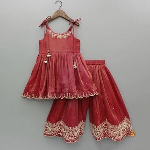 NWT Red Shimmery Embroidered Strappy Kurti And Flared Palazzo Size 7-8 year